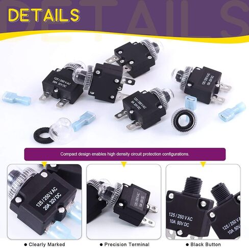 Swpeet 30Pcs 5 Sizes Thermal Circuit Breaker with Quick Connect Terminals and Waterproof Button Caps Assortment Kit, 5Amp 10Amp 15Amp 20Amp 30Amp with Waterproof Push Button for Switch Operation in Saudi Arabia