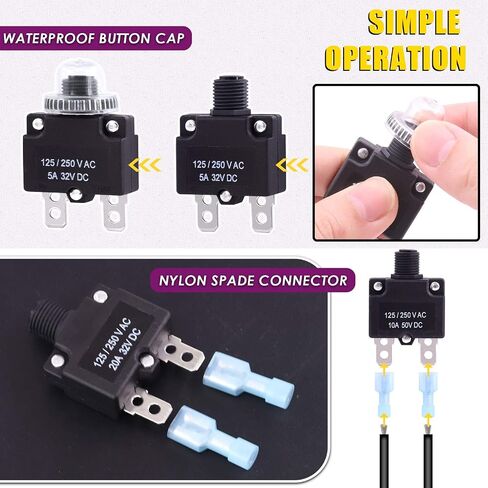 Swpeet 30Pcs 5 Sizes Thermal Circuit Breaker with Quick Connect Terminals and Waterproof Button Caps Assortment Kit, 5Amp 10Amp 15Amp 20Amp 30Amp with Waterproof Push Button for Switch Operation in Saudi Arabia