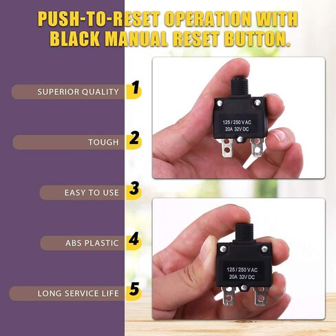 Swpeet 30Pcs 5 Sizes Thermal Circuit Breaker with Quick Connect Terminals and Waterproof Button Caps Assortment Kit, 5Amp 10Amp 15Amp 20Amp 30Amp with Waterproof Push Button for Switch Operation in Saudi Arabia