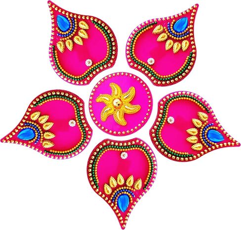 ديكورات أرضية Diwali Rangoli مصنوعة يدويًا من الأكريليك باللون الوردي لتزيين الطاولة وأحجار مرصعة بالترتر والديكور التقليدي لباب المنزل | ملصقات الحائط الأرضية RV-026 in Kuwait