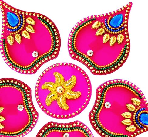ديكورات أرضية Diwali Rangoli مصنوعة يدويًا من الأكريليك باللون الوردي لتزيين الطاولة وأحجار مرصعة بالترتر والديكور التقليدي لباب المنزل | ملصقات الحائط الأرضية RV-026 in Kuwait