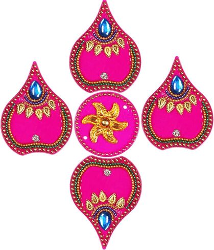 ديكورات أرضية Diwali Rangoli مصنوعة يدويًا من الأكريليك باللون الوردي لتزيين الطاولة وأحجار مرصعة بالترتر والديكور التقليدي لباب المنزل | ملصقات الحائط الأرضية RV-026 in Kuwait