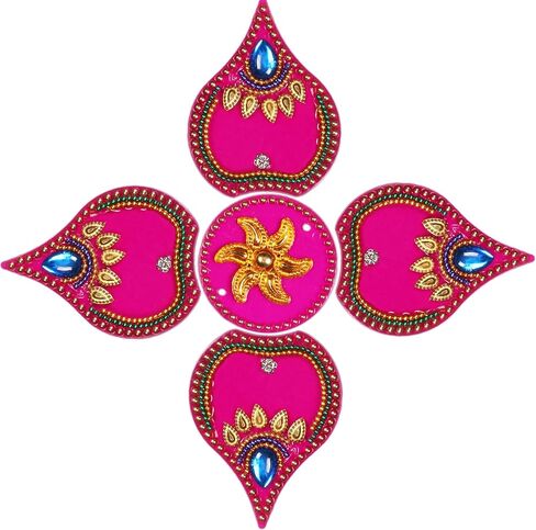 ديكورات أرضية Diwali Rangoli مصنوعة يدويًا من الأكريليك باللون الوردي لتزيين الطاولة وأحجار مرصعة بالترتر والديكور التقليدي لباب المنزل | ملصقات الحائط الأرضية RV-026 in Kuwait