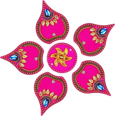 ديكورات أرضية Diwali Rangoli مصنوعة يدويًا من الأكريليك باللون الوردي لتزيين الطاولة وأحجار مرصعة بالترتر والديكور التقليدي لباب المنزل | ملصقات الحائط الأرضية RV-026 in Kuwait