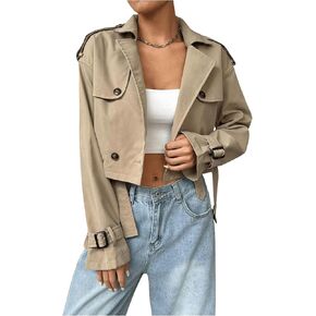 MakeMeChic Women's Long Sleeve Cropped Trench Coats Double Breasted Lapel Neck Jacket Outerwear