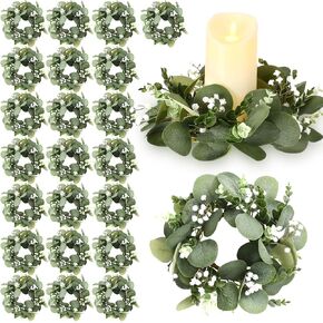 Zeyune 24 PCS شمعة حلقات الزهور من الزهور الخضراء الاصطناعية الأوكالبتوس يترك الطفل أنفاس شمعة الزهور حامل عمود الربيع الأخضر غارلاند عمود شمعة لحفل زفاف المطبخ خزانة المطبخ