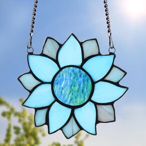 Capulina Sunflower Stained Glass Window Hangings Window Suncatcher, Tiffany Sea Blue Style Window Panels Handcrafts Home Decor Gifts for Parents and Friend