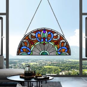 YOURANJU Handmade 16"" Half Moon Stained Glass Window Hanging Tiffany Style Simple Baroque Suncatcher Wall Decor Art Panel Includes 20"" Chain and Hook The Perfect Housewarming Gift, Red