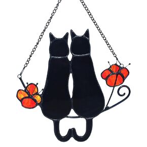 Double Cat with Flower Stained Glass Window Hanging, Cute Sun Catcher Gift for Daughter, Mother's Day, Christmas and Cat Lover, Memorial Cat Loss