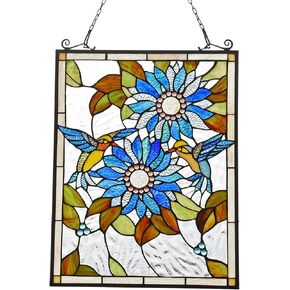 Capulina Stained Glass Panels Window Hangings Sunflower and Birds Tiffany Style Traditional Art Handcrafts for Home Decor and Gifts