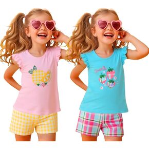 HILEELANG 4PC 2 Sets Toddler Girl Summer Easter Outfit Cotton Tops Tees Shorts Clothing