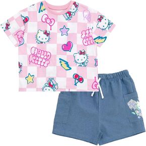 Hello Kitty Girls T-Shirt and Chambray Shorts Outfit Set Little Kid to Big Kid Sizes (4-14-16)