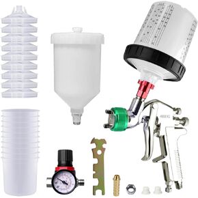 Paint Sprayer,HVLP Spray Paint Gun with 1.7mm Nozzle 600CC Cup,Paint Sprayer Gun Set 10pcs 20Ounce Disposable Mixing Cups & Locking Air Pressure Regulator Gauge for House Painting (1.7mm-Green)