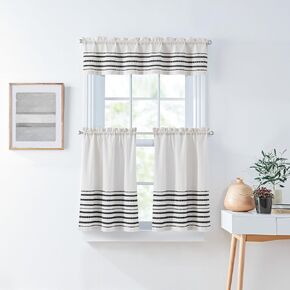 ستائر المطبخ Boho Boho Boho Ter و Valance مجموعة من 3 قطع ، تصفية الضوء ، مخطط عالمي منسوج ، 28W × 36L ، زوج 56W × 14L