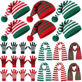 Geyoga 18 Pcs Christmas Winter Knitted Hat Scarf Gloves Set, Santa Hats for Adults Xmas Beanie with Pom Bulk Long Knit Scarf Gloves for Women Men