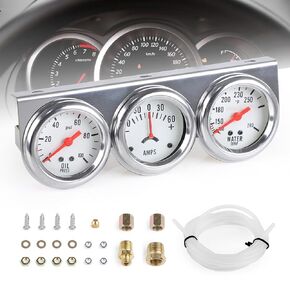 2" 52 mm 3 in1 Car Meter Triple Gauge Kit Oil Pressure Gauge AMP Meter Water Temperature Gauge AMP Set White Face 12V Car Meter