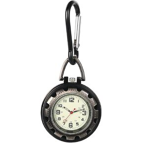 Clip-on Quartz Fob Watch: Men Women Ancient Silver Round Waterproof Luminous Dial Backpack Belt Clip Carabiner Night Pocket Watches