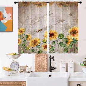 Sunflower Kitchen Curtains Mini 27.5'' W x 39'' L Yellow Floral Farmhouse Country Vintage Rustic Retro Green Leaves Bee Short Small Cafe Room Window Drapes Treatment Tiers Fabric 1 Pair