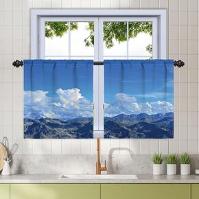 Renaiss 26 x 36 Inch Blue Sky Small Kitchen Curtains for Half Window Linen Texture Rod Pocket Mountain Landscape Small Window Treatment Tiers for Cafe Bathroom Dining Room Short Window Decor 2 Panels