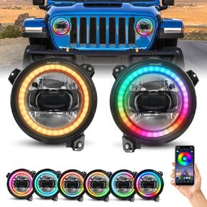 7 Inch Round LED Headlight RGB Halo Angel Eyes DOT Approved Halo Headlights for Wrangler JK TJ LJ CJ Sahara Sport Rubicon Headlight 1997~2017, 2Pack RGB Headlights