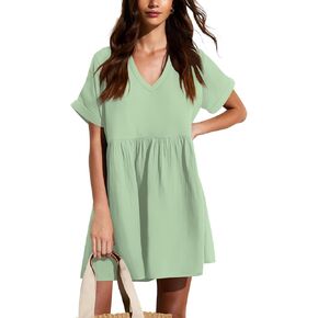 liher Womens Casual Summer Dress Rolled Up Short Sleeve V Neck Tunic Dress Loose T Shirt Dress