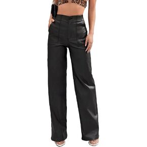 Faux Leather Pants High Waist Coated PU Button Straight Leather Black Leggings Wide Leg Pants with Pockets