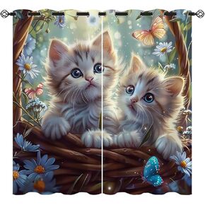 Cute Cat Blackout Curtains for Girls Boy Home Decor, Funny Pet Cats Kawaii Kitten Animal Grommet Thermal Insulated Drapes Darkening Window Curtain for Bedroom Living Room, 72 x 63 Inch