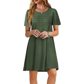 Imily Bela Womens Summer Casual T Shirt Dress Short Sleeve Crewneck Pleated Front Loose Beach Flowy Mini Dresses in Kuwait