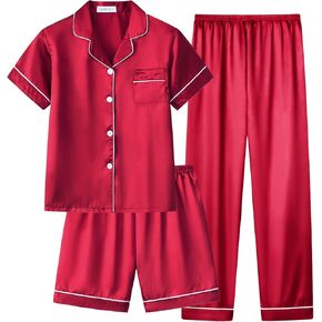 CYCHELRY Little Big Girls Satin Pajamas Summer Short Sleeve and Pants Button Down Silky PJS 3PCS Sleepwear Set Size 8-16