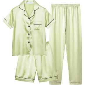 Cychelry Little Big Girls Satin Pajamas Summer Summer Short and Pants Button Down Silky PJS 3PCS Sleepwear Set Size 8-16 in Kuwait