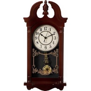 Clockswise Vintage Grandfather Wood-Looking Plastic Pendulum Decorative Battery-Operated Wall Clock Brown, for Office, Home Decor, Living Room, Kitchen, or Dining Room,Brown