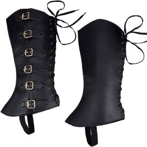 GORGECRAFT 2Pcs Knight Leg Guards Gaiters Steampunk Medieval Boot Covers Imitation Leather Pirate Boot Tops with Buckle Straps Leg Wraps Shoes Accessories for Halloween Cosplay Viking Costume Black
