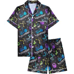 Fiodrimy Boys Pajamas Big Boys Satin PJS Set Summer Short Sleeve Button Down Kids Silky Pajama Lounge Sleepwear Size 8-14