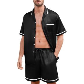 SWOMOG Men Satin Silk Pajamas Sets with Pockets Button-Down PJs Sets Short Sleeve Classic Sleepwear 2 Piece Loungewear