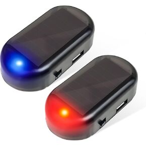 Car Solar Power Simulated Dummy Alarm, Anti-Theft Solar LED Warning Light with USB Charger Port, Vehicle Simulated Flashing Security Fake Lamp Alarm Device, Car Accessories (Blue)