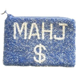 Beaded Mahjong Coin Pouch Beaded MAHJ $ With Blue and White Beads