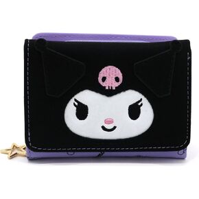 Kuromi Black Face Purse Adorable Japanese Kawaii Cartoon Kitty's Friends Design Cute Pattern Purple Trifold Compact Card Cash Wallet with Coin Zipper Pocket
