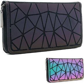 Geometric Luminous Wallet for Women Holographic Reflective Zipper Clutch Purse with Multiple Compartments and Coin Pocket