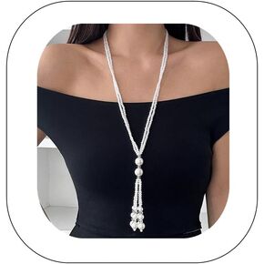 Vintage Pearl Necklace for Women Dainty Long Tassel Chain Faux Pearl Fringe 1920s Costume Jewelry Sweater Chain Y-shape