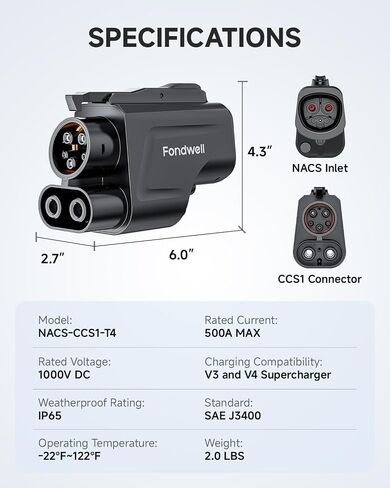 Fondwell NACS to CCS Charger Adapter: Compatible with Tesla Superchargers to CCS1 EV Charge Ports - Fast Charging with DC 1000V 500A 250kW in Saudi Arabia