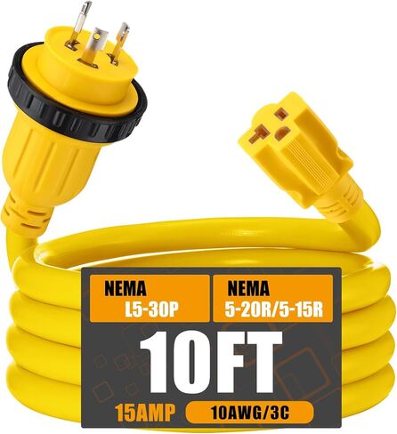 Kanayu 1Ft Shore Power RV Generator Adapter Cord Compatible with NEMA L5-30P to 5-15/5-20R, Marine 30 Amp to 15 Amp/20Amp T-Blade Household Regular Inlet Connector, 3 Prong Lock Pigtail Boat Adapter in Saudi Arabia