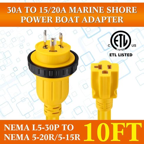 Kanayu 1Ft Shore Power RV Generator Adapter Cord Compatible with NEMA L5-30P to 5-15/5-20R, Marine 30 Amp to 15 Amp/20Amp T-Blade Household Regular Inlet Connector, 3 Prong Lock Pigtail Boat Adapter in Saudi Arabia