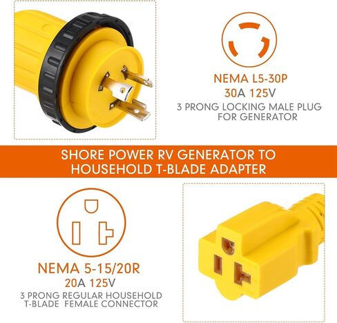 Kanayu 1Ft Shore Power RV Generator Adapter Cord Compatible with NEMA L5-30P to 5-15/5-20R, Marine 30 Amp to 15 Amp/20Amp T-Blade Household Regular Inlet Connector, 3 Prong Lock Pigtail Boat Adapter in Saudi Arabia
