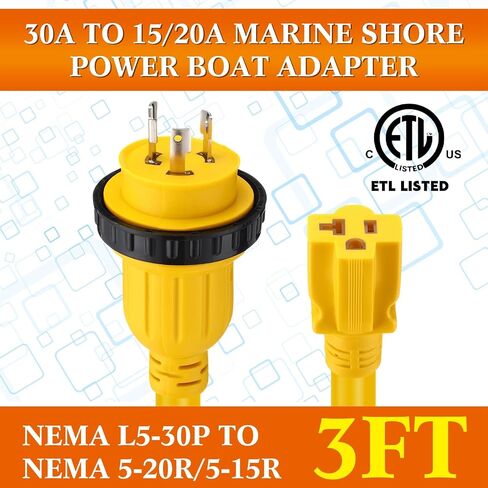 Kanayu 1Ft Shore Power RV Generator Adapter Cord Compatible with NEMA L5-30P to 5-15/5-20R, Marine 30 Amp to 15 Amp/20Amp T-Blade Household Regular Inlet Connector, 3 Prong Lock Pigtail Boat Adapter in Saudi Arabia