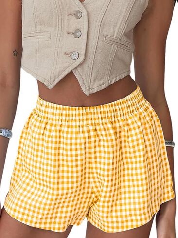 شورتات ملاكمة للسيدات من Chunoy Summer Summer Disual Gingham Pajama Short مع جيوب in Kuwait