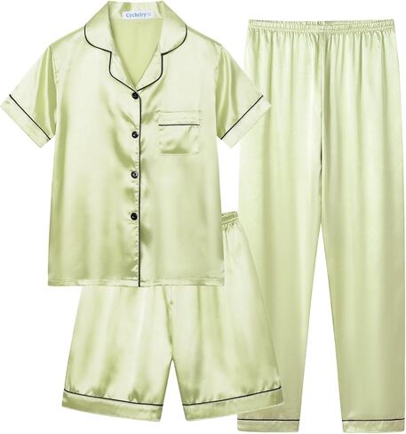 Cychelry Little Big Girls Satin Pajamas Summer Summer Short and Pants Button Down Silky PJS 3PCS Sleepwear Set Size 8-16 in Kuwait