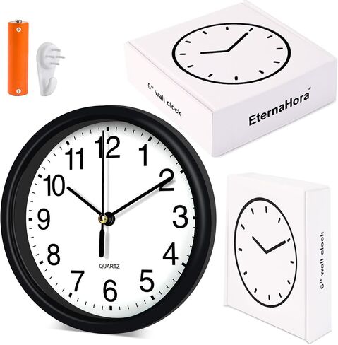 Silent Wall Clock Non Ticking, 6 Inch Wall Clocks Battery Operated, Small Analog Clock for Bedroom Home Office Kitchen Bathroom School, Easy to Read(Black) in Saudi Arabia