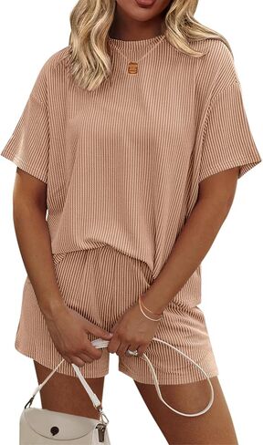 Ekouaer Womens Pajama Sets Short Sleeve Lounge Sets 2 Piece Pjs Tops and Shorts Outfits Matching Loungewear with Pockets in Kuwait