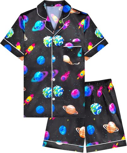 Fiodrimy Boys Pajamas Big Boys Satin PJS Set Summer Short Sleeve Button Down Kids Silky Pajama Lounge Sleepwear Size 8-14 in Saudi Arabia