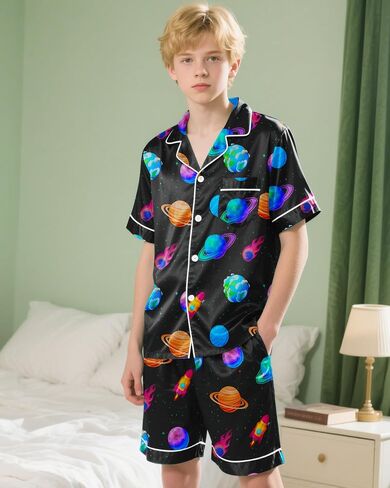 Fiodrimy Boys Pajamas Big Boys Satin PJS Set Summer Short Sleeve Button Down Kids Silky Pajama Lounge Sleepwear Size 8-14 in Saudi Arabia